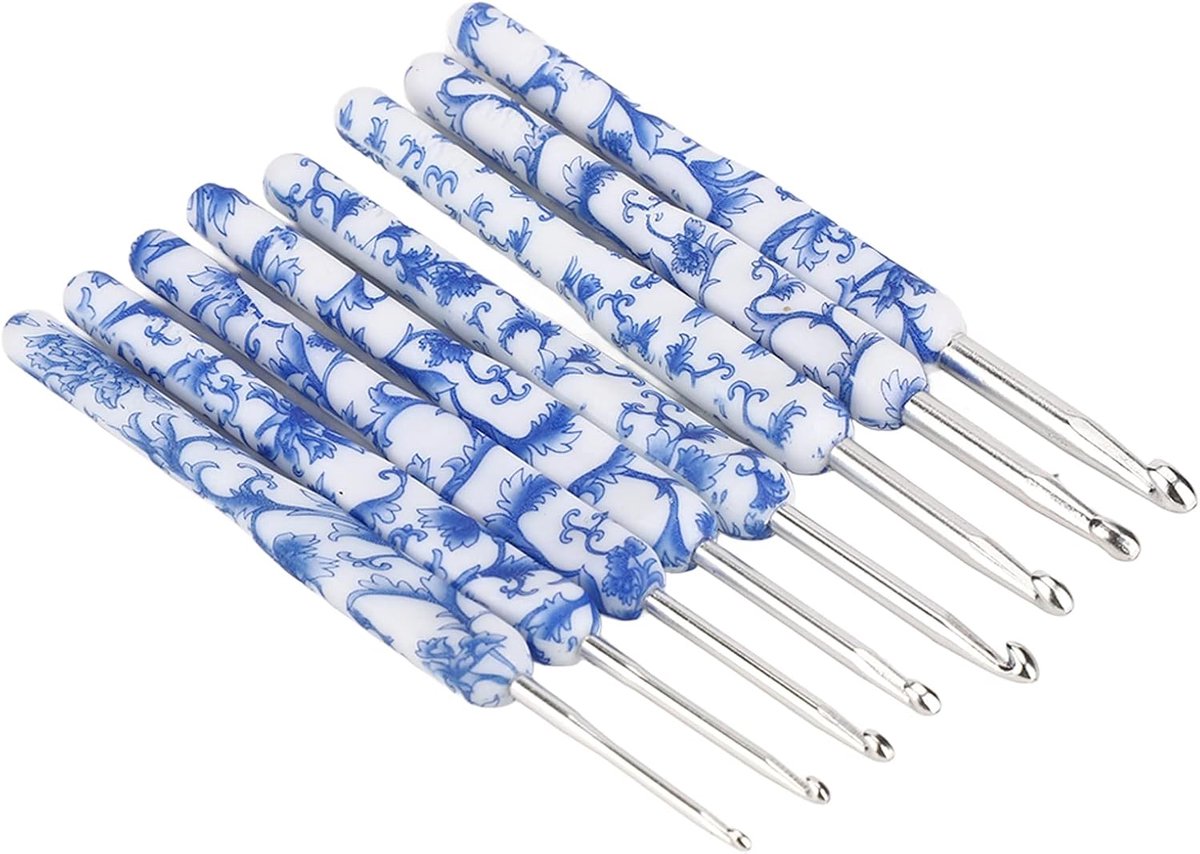 Haaknaaldenset 8 Stuks Blauw Wit Porselein Aluminium Handgepolijst