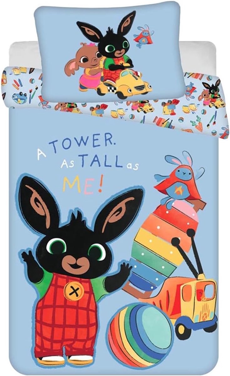Kinderbeddengoed Omkeerbaar Motief Bing Bunny, Amma & Sula Bal Xylofoon Auto Blauw Dekbed 100x135 + Kussen 40x60 cm 100% Katoen voor Kinderen
