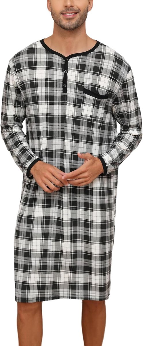 Nachthemd voor heren, katoenen pyjama met lange mouwen, korte mouwen, pyjama-bovenstuk, lang T-shirt, ronde hals met knopen, huiskleding, grote maat, zacht, comfortabel