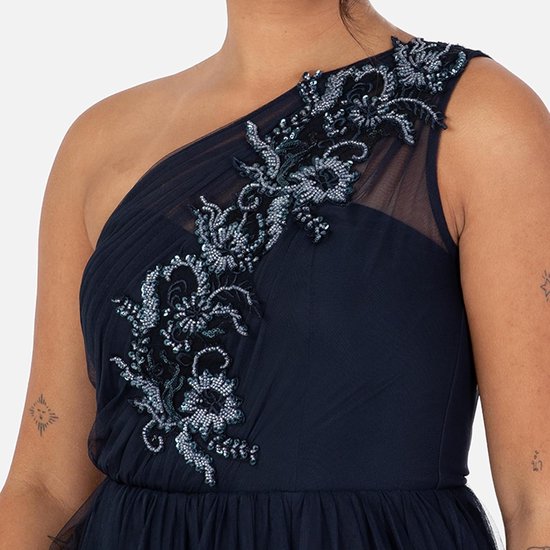 Deluxe Damesjurk, maxi-jurk, mouwloos, schoudervrij, pailletten, tule, split, A-lijn, voor bruiloft, bal, jurk voor dames, marineblauw, 48 — afbeelding 5