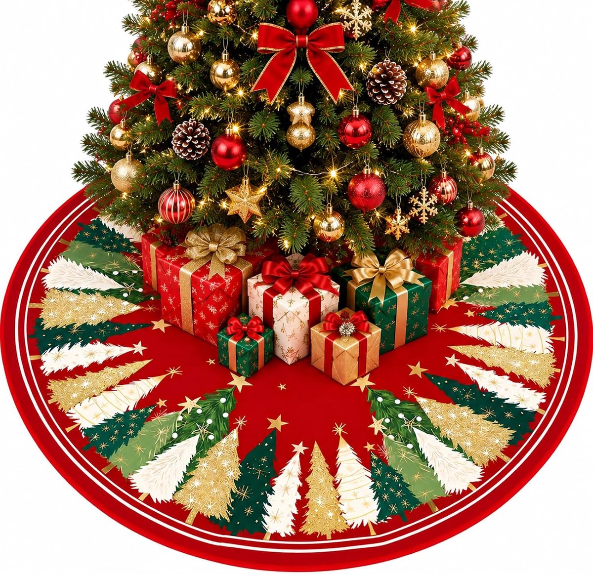 122cm Kerstboom Rok, Rode Pine Sneeuwvlokken Sterren