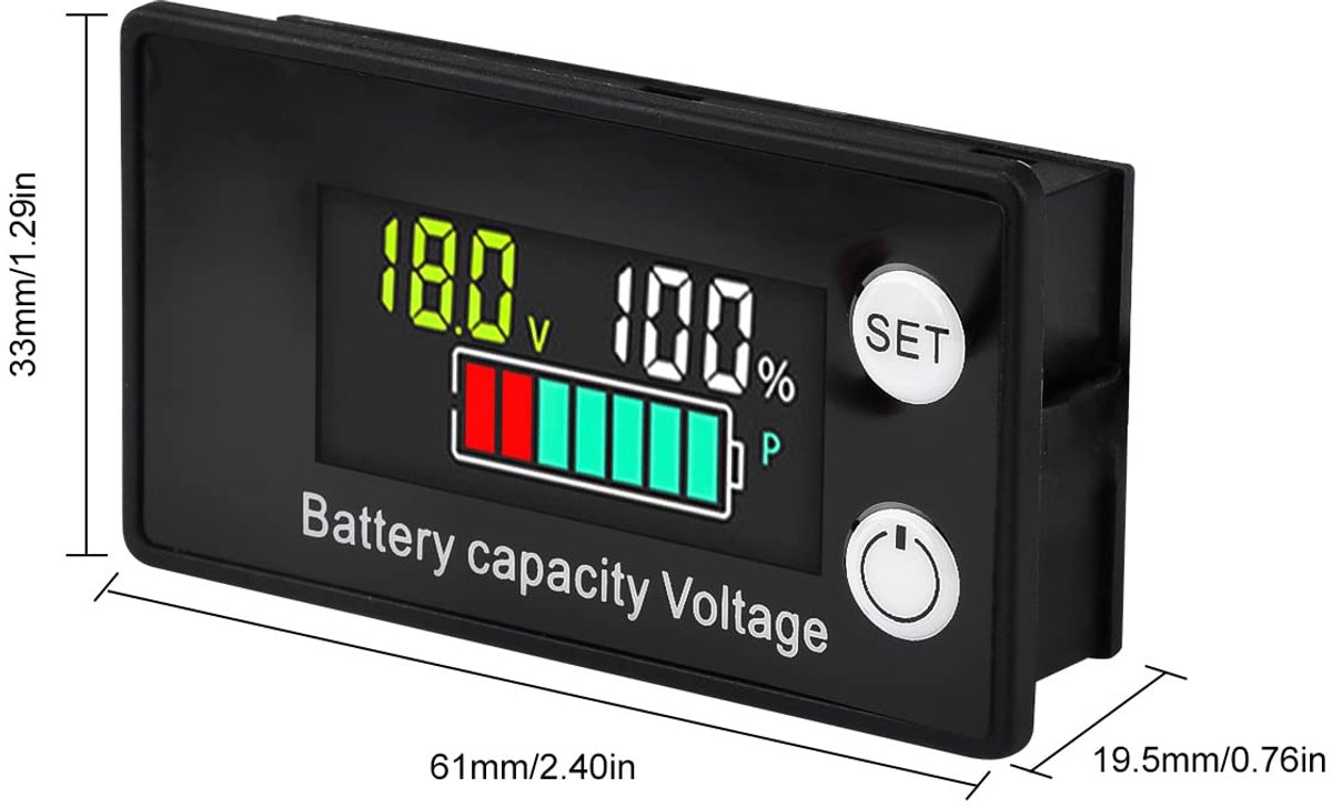 2 stuks batterijcapaciteitsmeter met alarmsensor, 12 V 24 V 36 V 48 V 72 V 84 V, accutester 8-100 V LCD-controle van de accuspanning met sondealarm