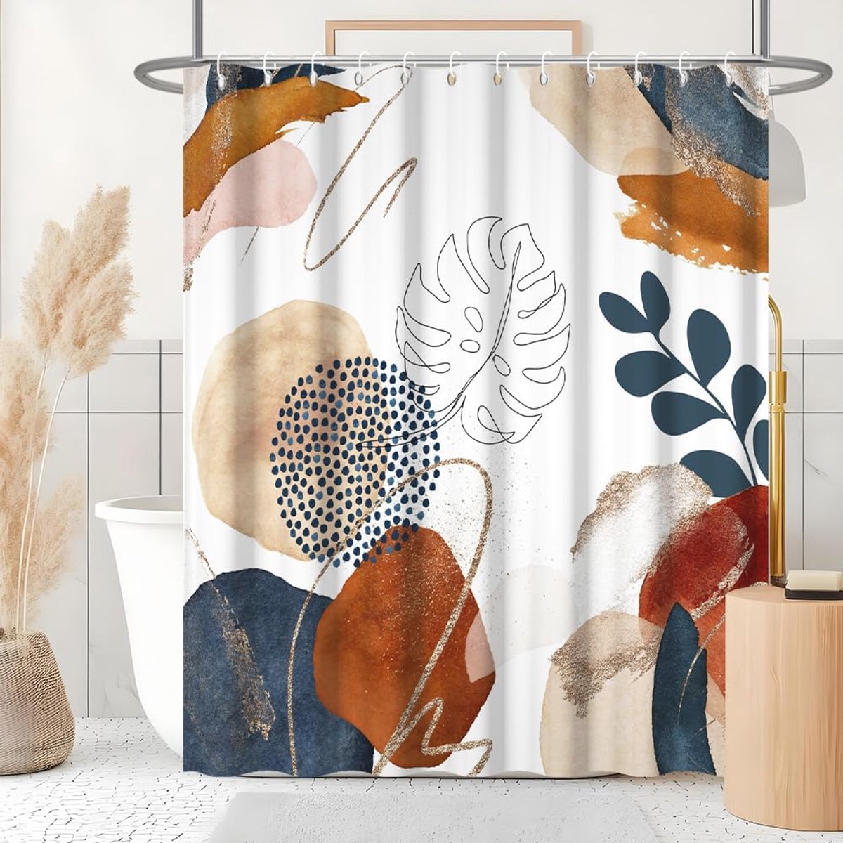 Douchegordijn, boho abstract, midden van de eeuw, blauw, teracotta, douchegordijn, anti-schimmel, waterdicht, polyester stof, wasbaar, ondoorzichtig, badgordijn met 12 haken, 180 x 180 cm (b