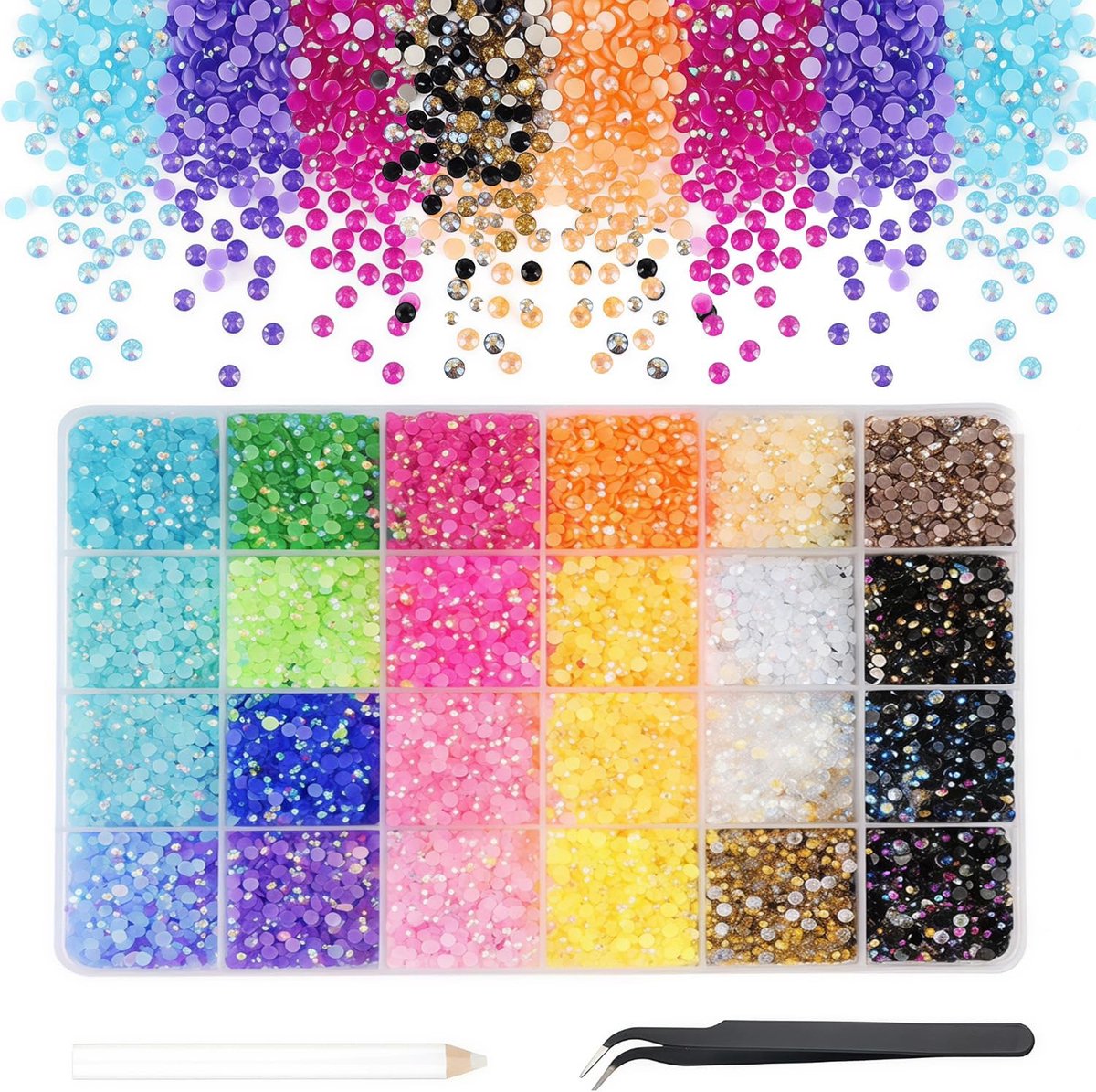 24000 stuks strass-steentjes set (24 kleuren) – 3 mm ronde glitterstenen & strass steentjes voor doe-het-zelf nagels & knutselen, strass-steentjes nagels met pincet en wasstift