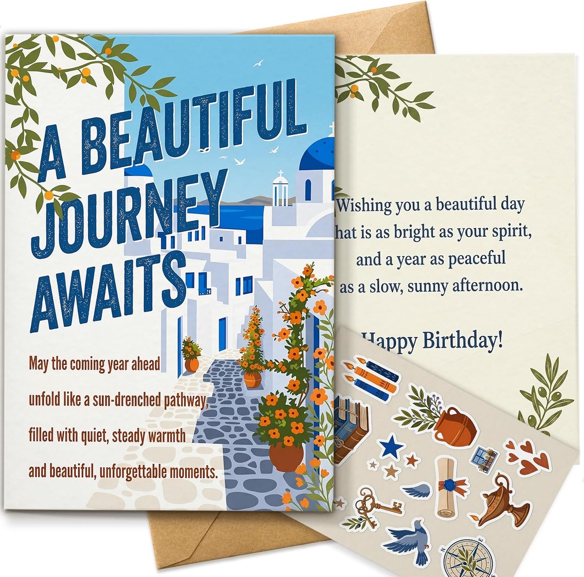 Verjaardagskaart voor vrienden en familie, Scenic Mediterranean Style verjaardagskaarten, standaardformaat A5, originele dubbelzijdige kunstdruk, met envelop en stickervel inbegrepen