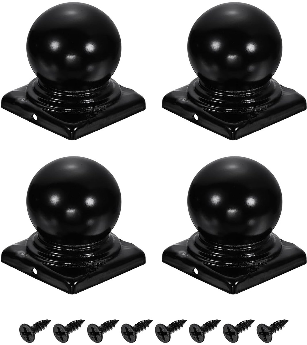 4 stuks hekpaaldoppen, 80 mm, vierkant, waterdicht, kogelbovendeel, ijzeren paaldoppen met schroeven, voor buiten, metaal, hout, hek, dek, brievenbus, terras, zwart
