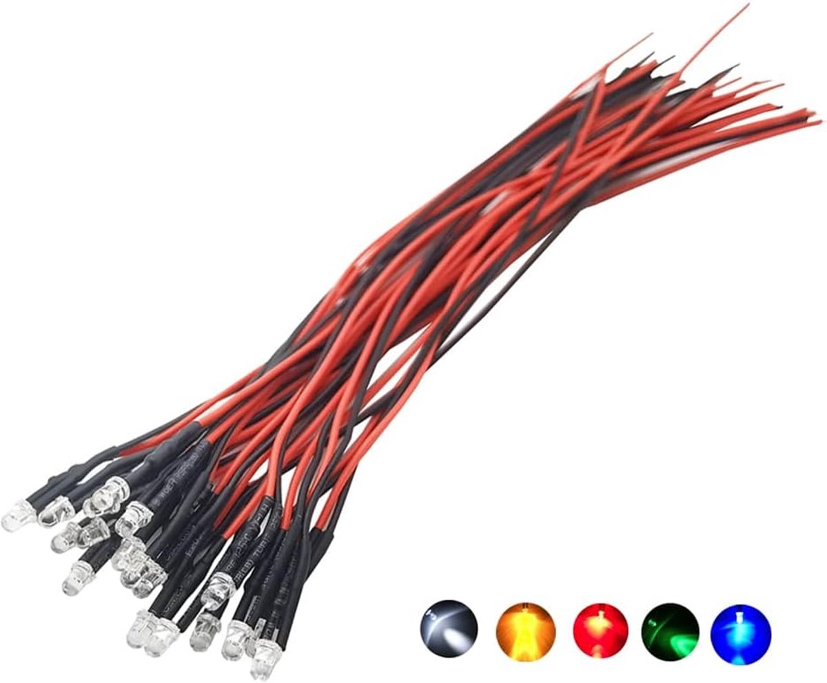 25 stuks (5 kleuren x 5 stuks) 12 volt LED-lampen lichtgevende diodes voorbedrade DC 12 V 3 mm led verschillende kit heldere lens-wit rood geel groen blauw 1,5 Hz knipperende kleine