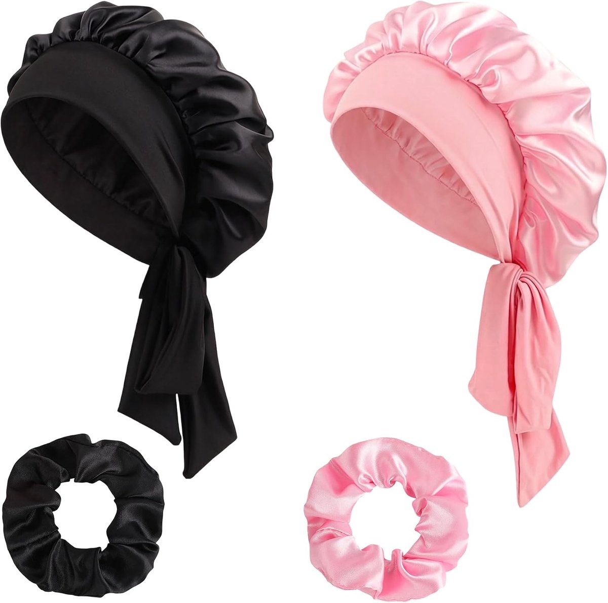slaapmuts om te slapen, satijnen slaapmuts voor vrouwen met 2 scrunchies, zachte en verstelbare haarkap met kinband, luxe nachtmuts voor dames en meisjes (zwart + roze)