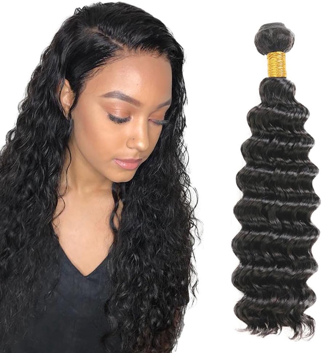 Hair Bundles Deep Wave Extension #1B Natural Black Color Double Weft Brazilian Virgin Hair Extension Minimal Shedding Unprocessed Real Hair 12 Inch