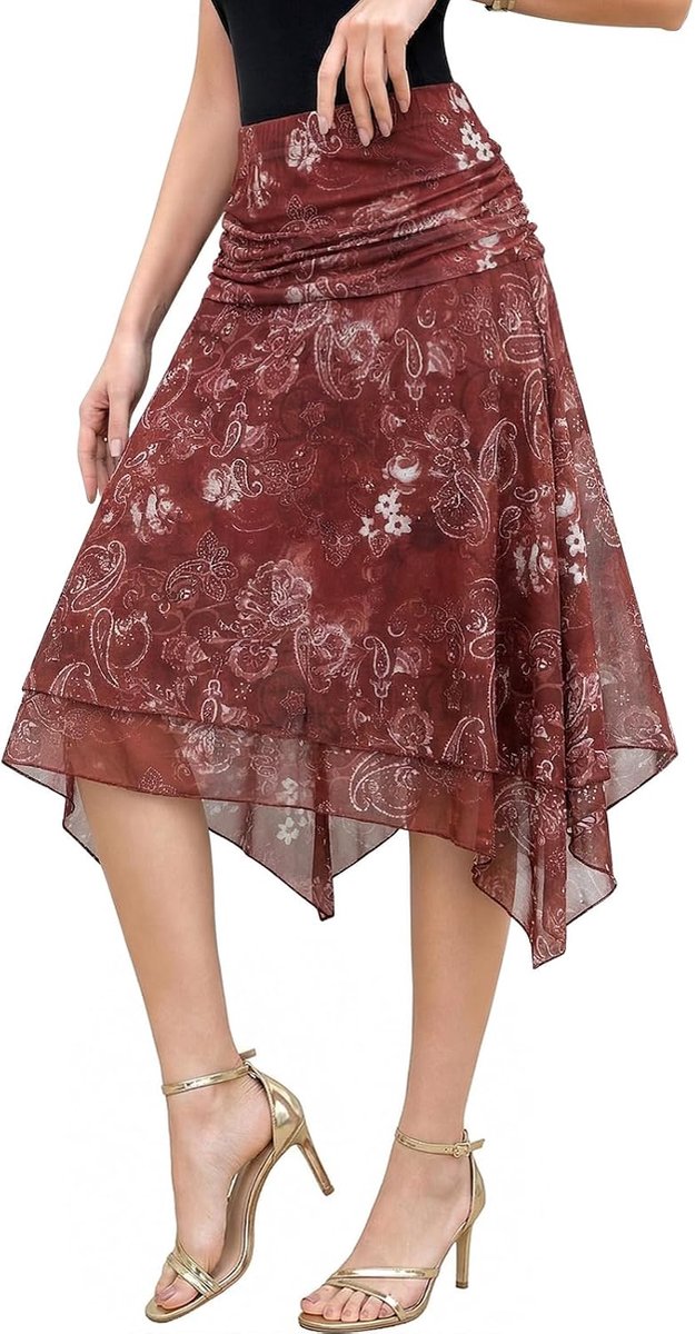 Damesrok, midi-rok, hoge taille met elastische tailleband, onregelmatige flowy rok met binnenvoering, knielang