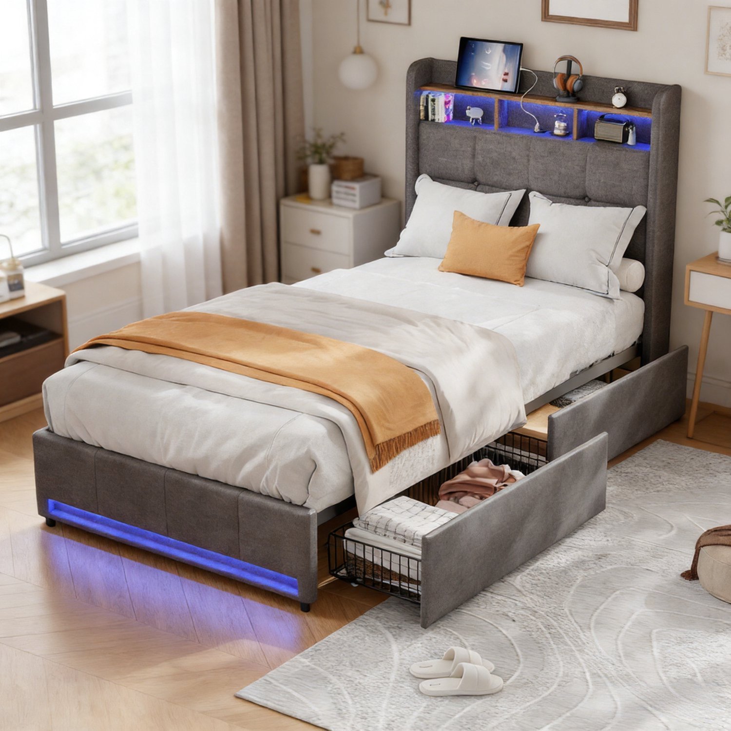 Yelenaro Gestoffeerd bed 90x200 cm met 2 Lades, 1 Persoons Bed met LED-verlichting en 2 USB 1 TypeC, Hoofdeinde met opbergruimte en lattenbodem, Geschikt voor kinderen en volwassenen, Linnen, Grijs