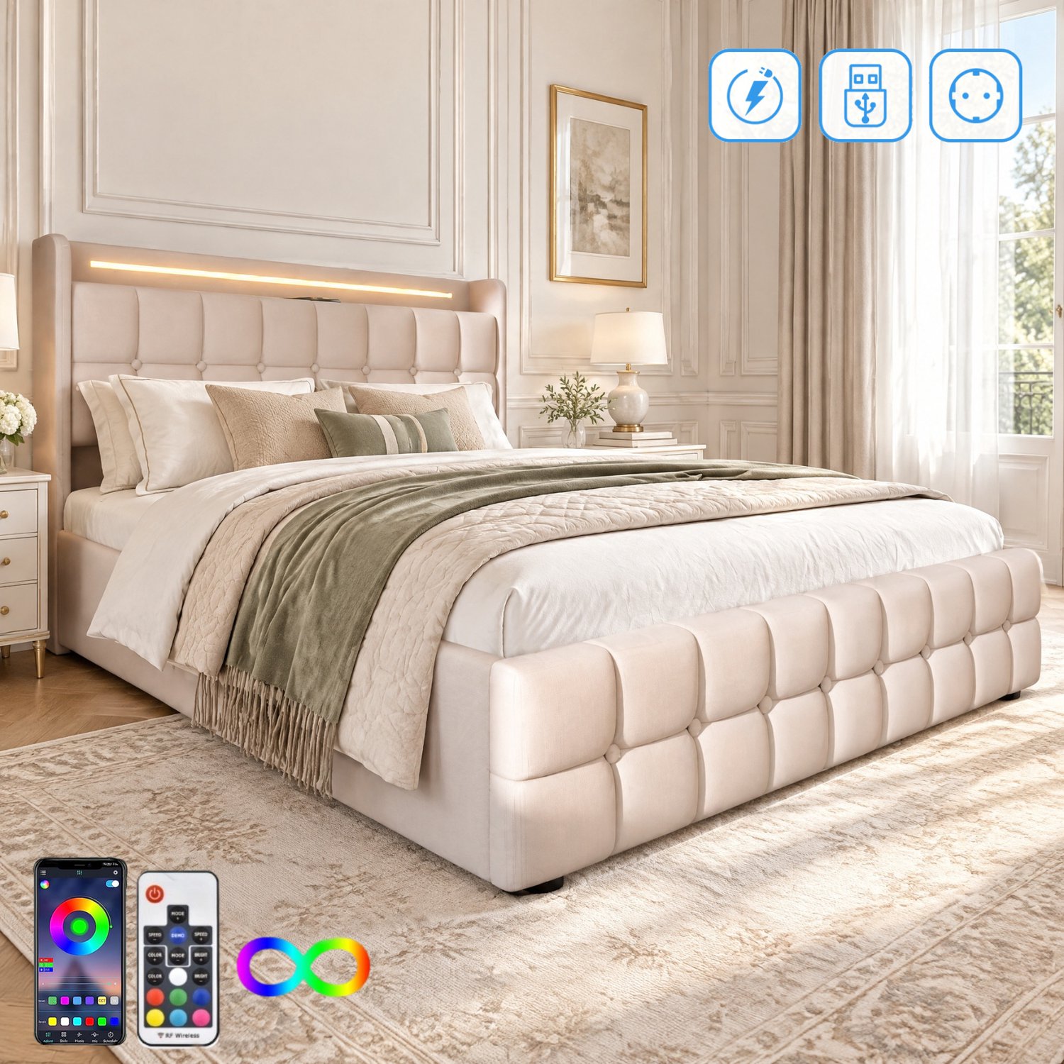 Yelenaro Tweepersoonsbed 180x200 cm met LED-verlichting en USB-poort, Bed 180 x 200 voor volwassenen met 4 lades en gestoffeerd hoofdeinde, Lattenbodem, Linnenstof, Beige