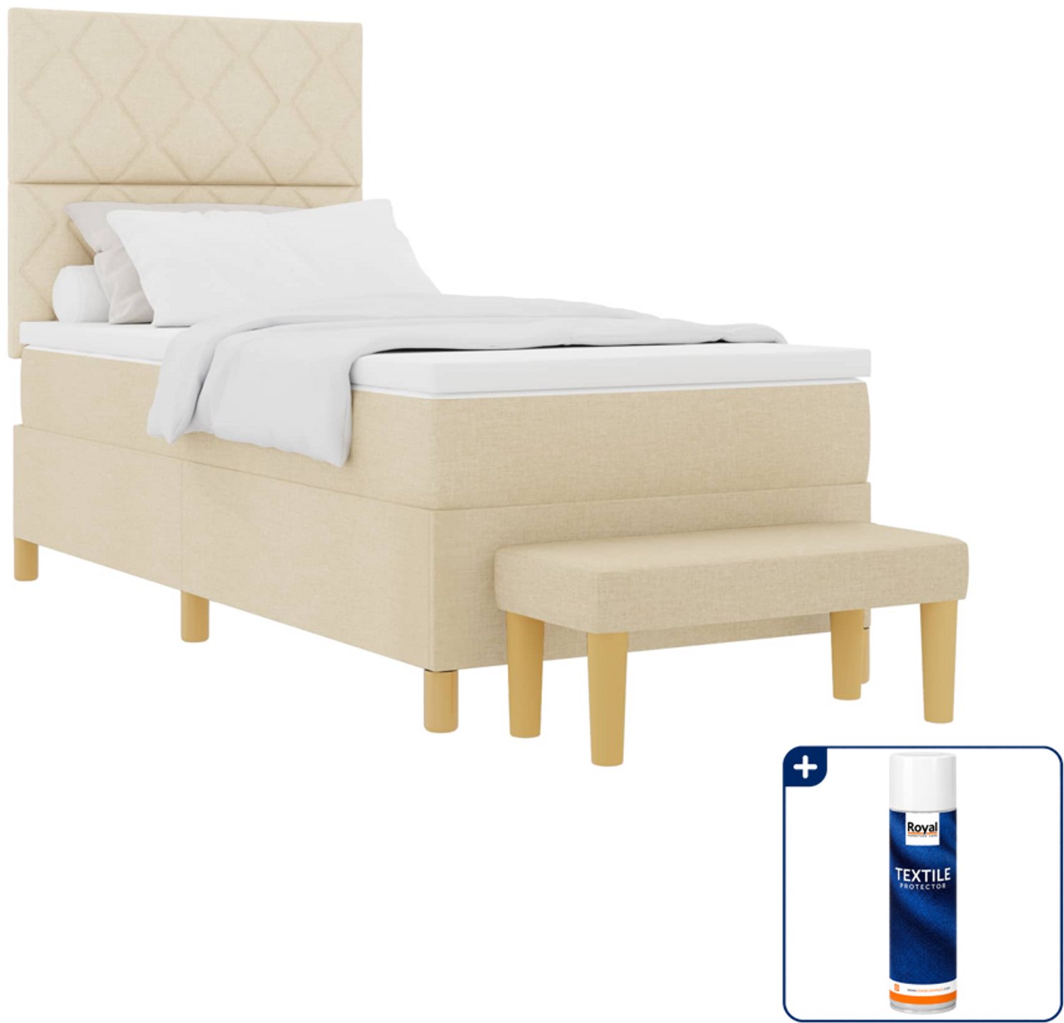 vidaXL boxspring met matras en bank - 90 x 200 cm - crème - Inclusief textielbeschermer 500 ml