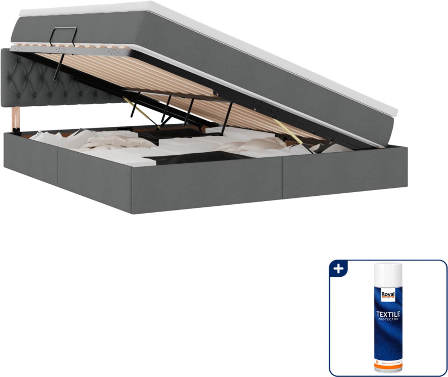 vidaXL Kingsize opslagbed met matras - 180 x 200 cm - donkergrijs - Inclusief textielbeschermer 500 ml Crème