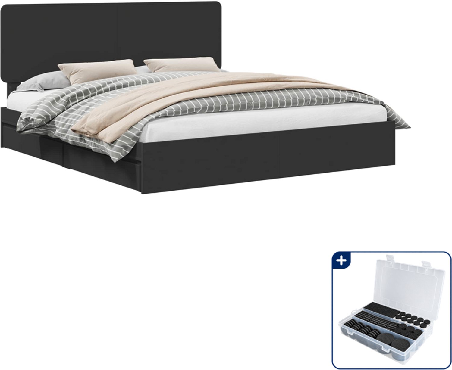 vidaXL bedframe - 200 x 200 cm - bewerkt hout - zwart - Inclusief antikrasvilt 177-delig