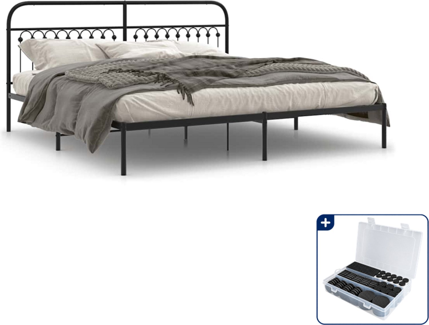 vidaXL Bedframe - 200 x 200 cm - metaal - zwart - Inclusief antikrasvilt 177-delig