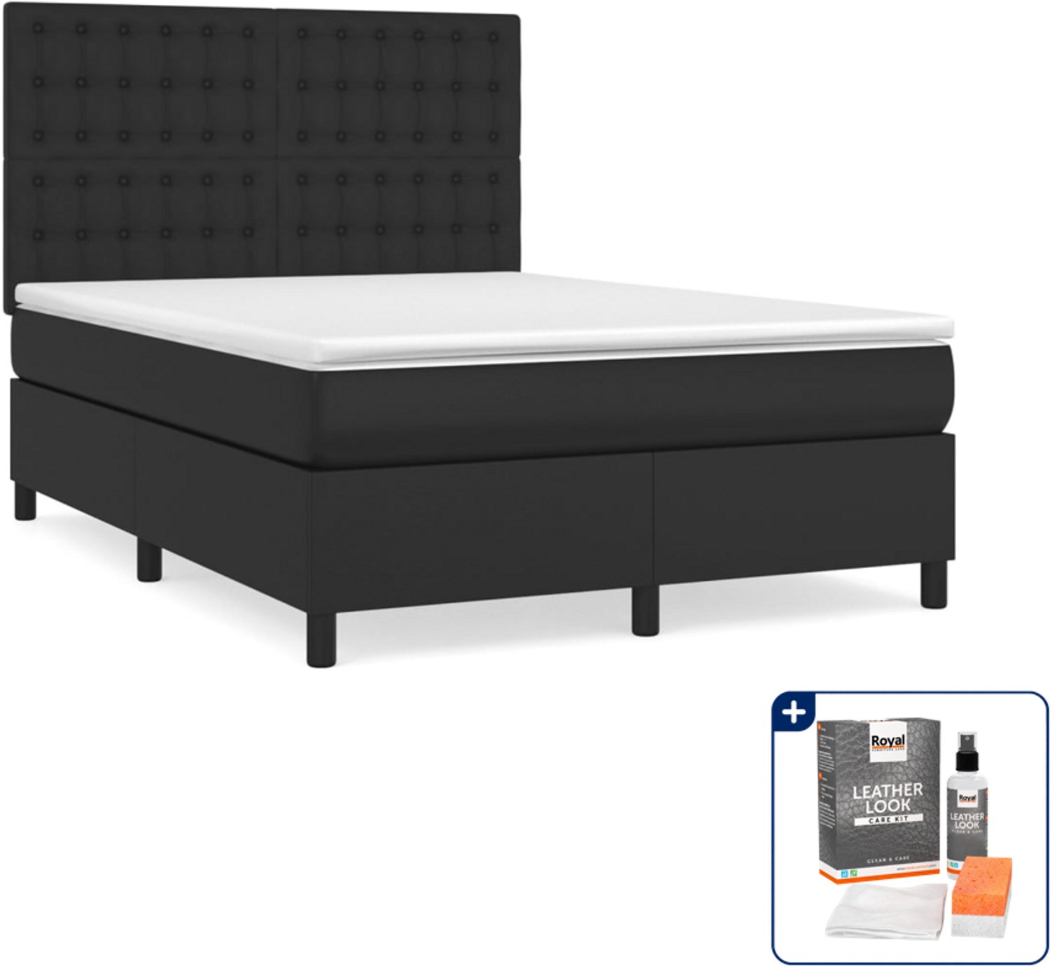 vidaXL boxspring met matras 140 x 190 cm - kunstleer - zwart - Inclusief onderhoudsset voor kunstleer 150 ml