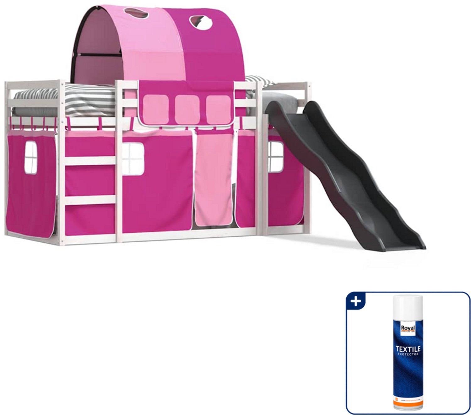 vidaXL stapelbed met glijbaan - 90 x 200 cm - wit - roze - Inclusief textielbeschermer 500 ml Zwart