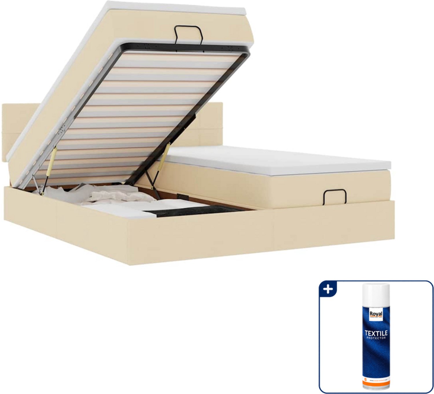 vidaXL ottoman bed met matras - Queensize - 160 x 200 cm - crème - Inclusief textielbeschermer 500 ml Zwart