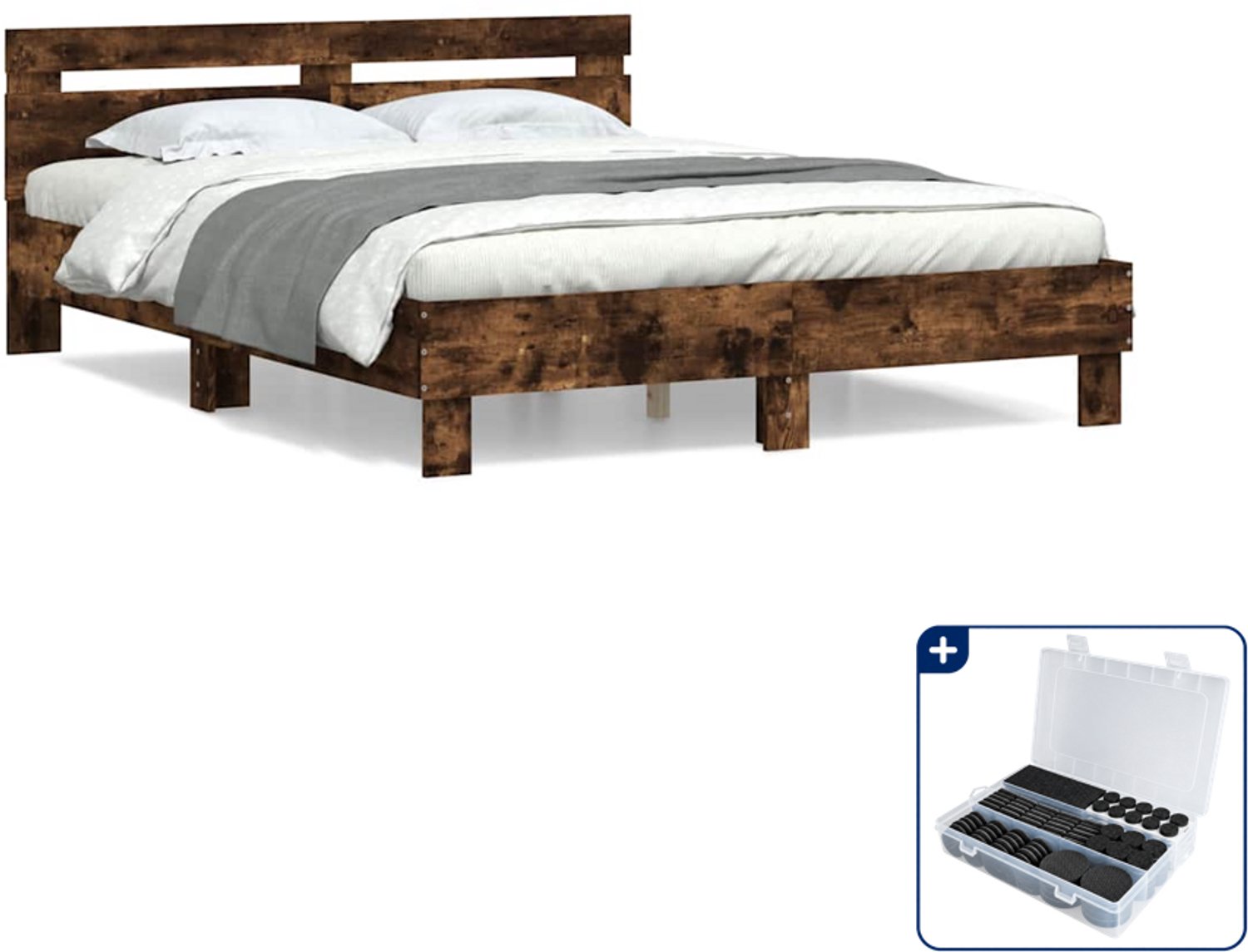 vidaXL bedframe - Small double - 140 x 200 cm - gerookt eiken - Inclusief antikrasvilt 177-delig Blauw