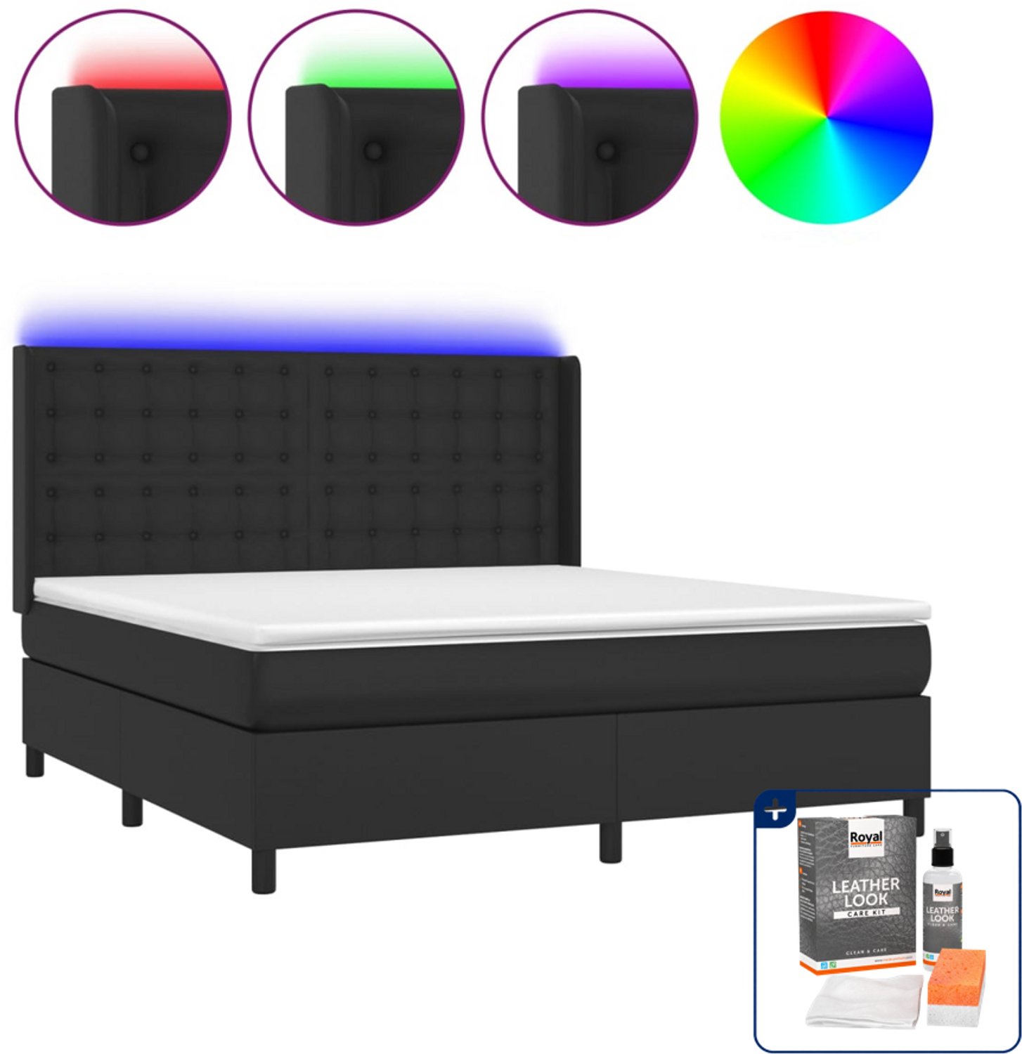 vidaXL Queensize boxspring met matras en LED - 160 x 200 cm - zwart - Inclusief onderhoudsset voor kunstleer 150 ml