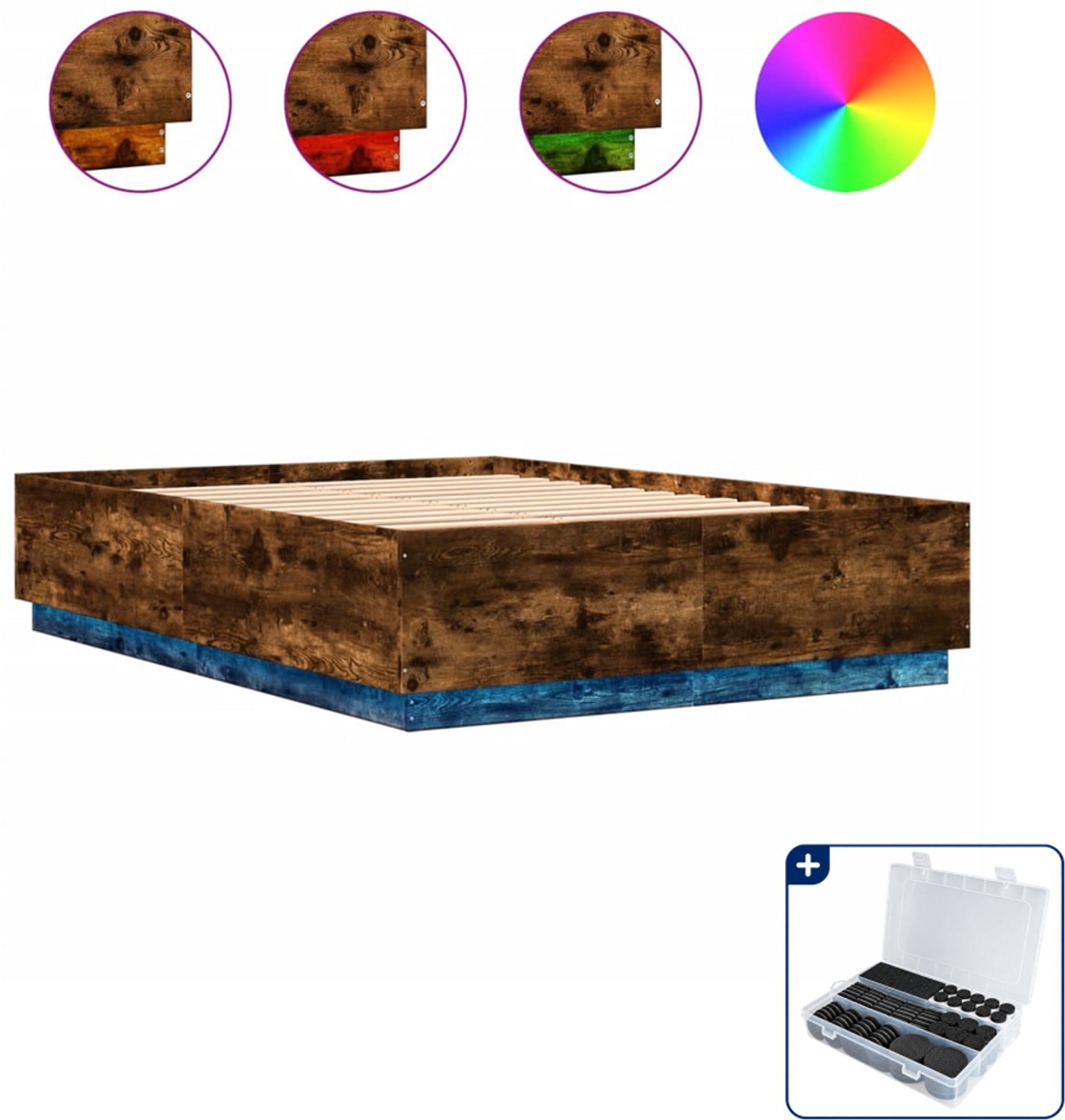 vidaXL Bedframe met led - 150 x 200 cm - gerookt eiken - Inclusief antikrasvilt 177-delig Bruin