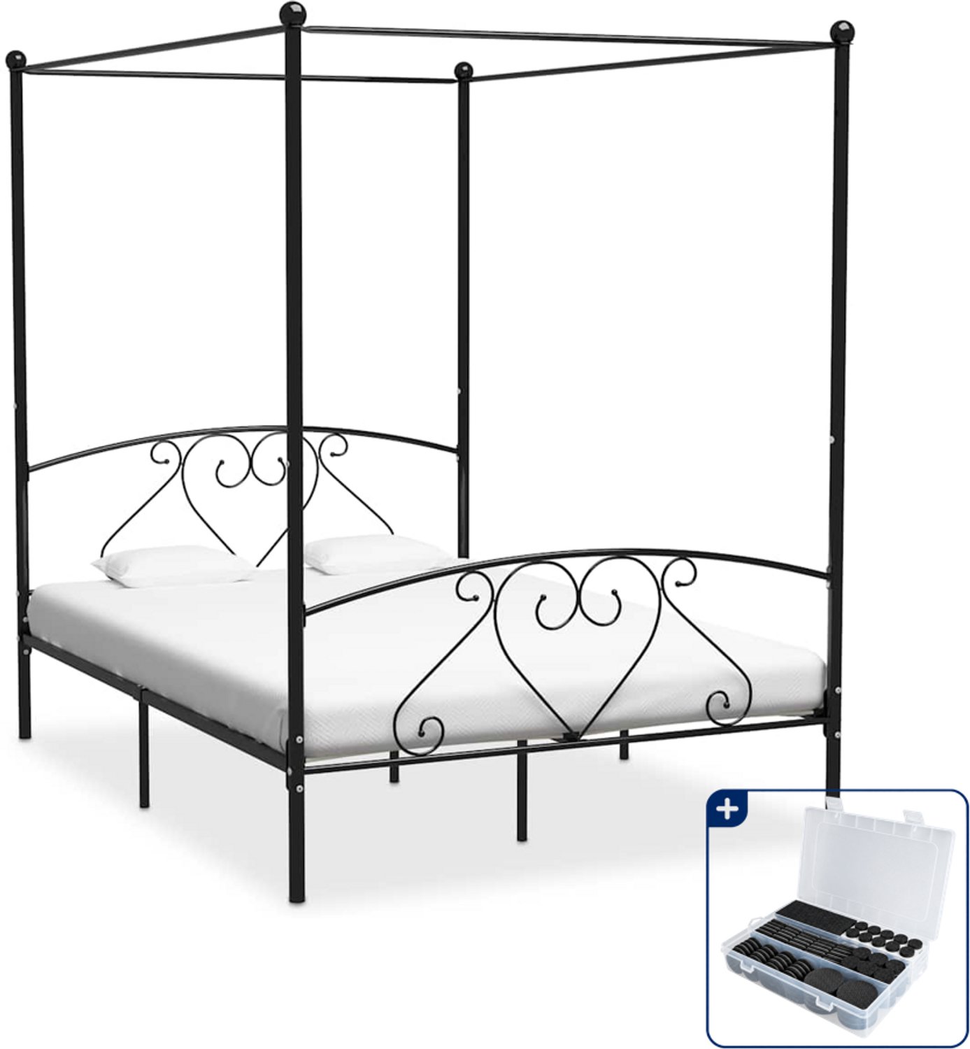 vidaXL Small double hemelbedframe 140 x 200 cm - metaal - zwart - Inclusief antikrasvilt 177-delig