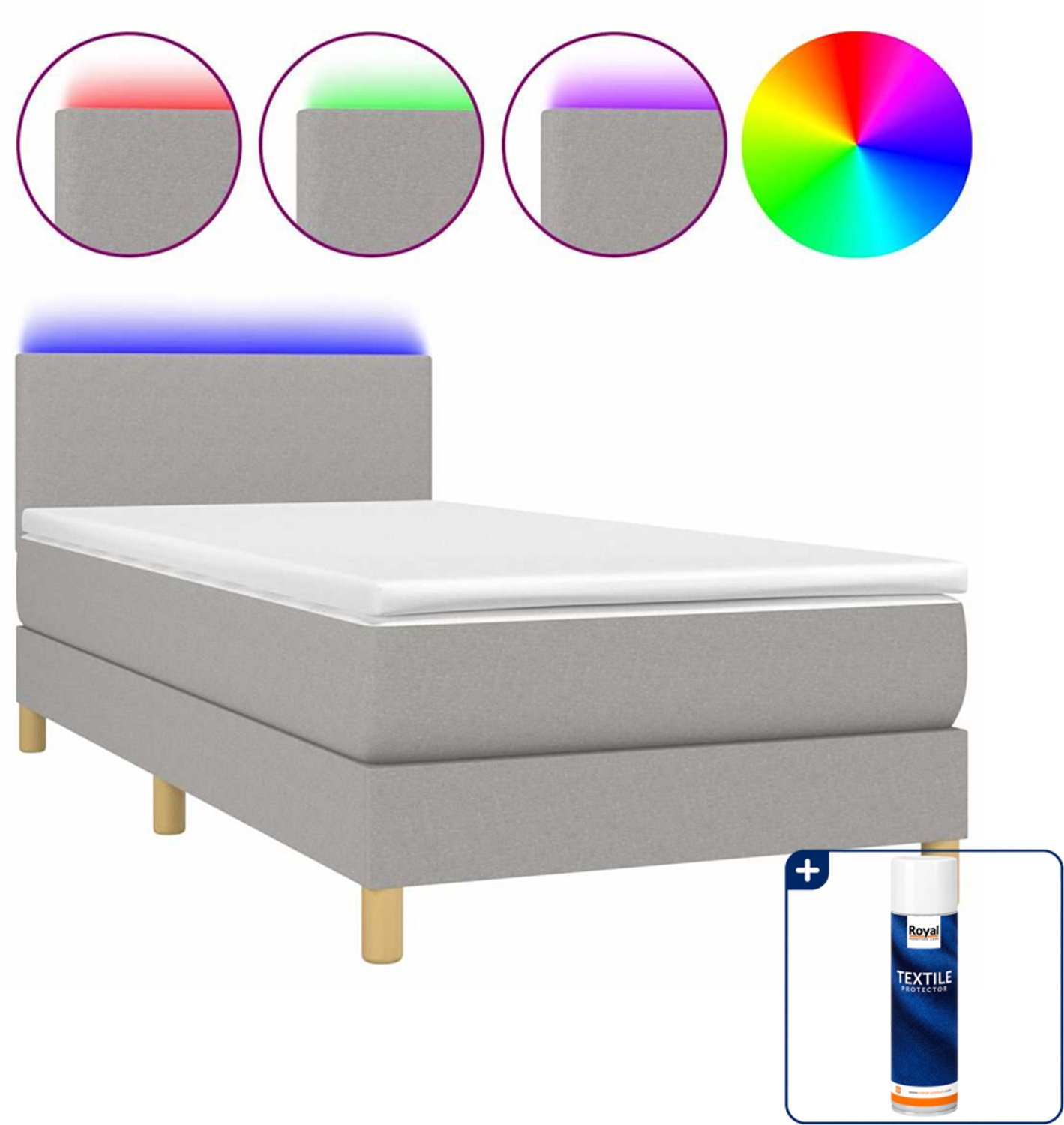 vidaXL boxspring met matras en LED - 90 x 200 cm - lichtgrijs - Inclusief textielbeschermer 500 ml
