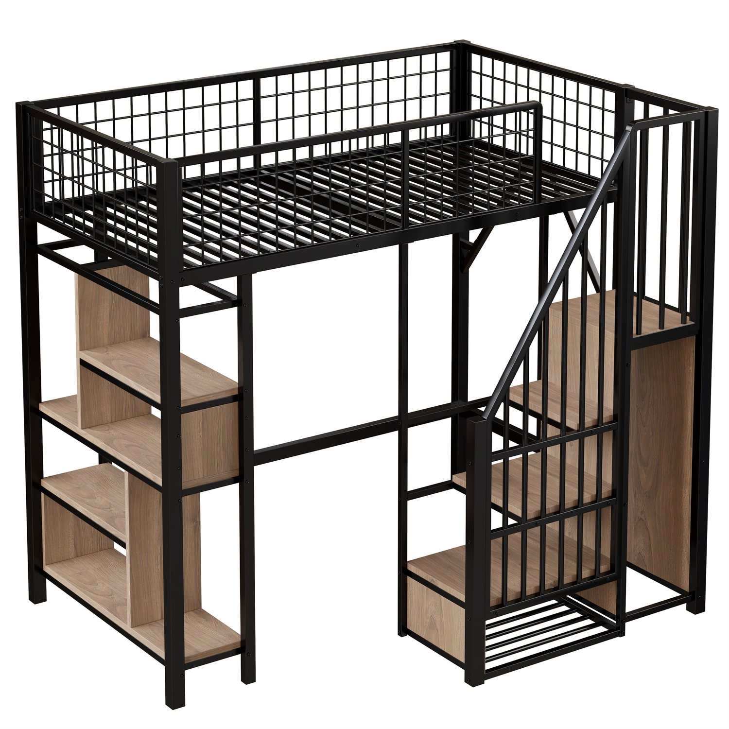 MUVANO Metalen hoogslaper 90 x 200 cm - hoogslaper met opbergtrap, kast en legplanken - zwart met houten panelen voor kinderen en volwassenen