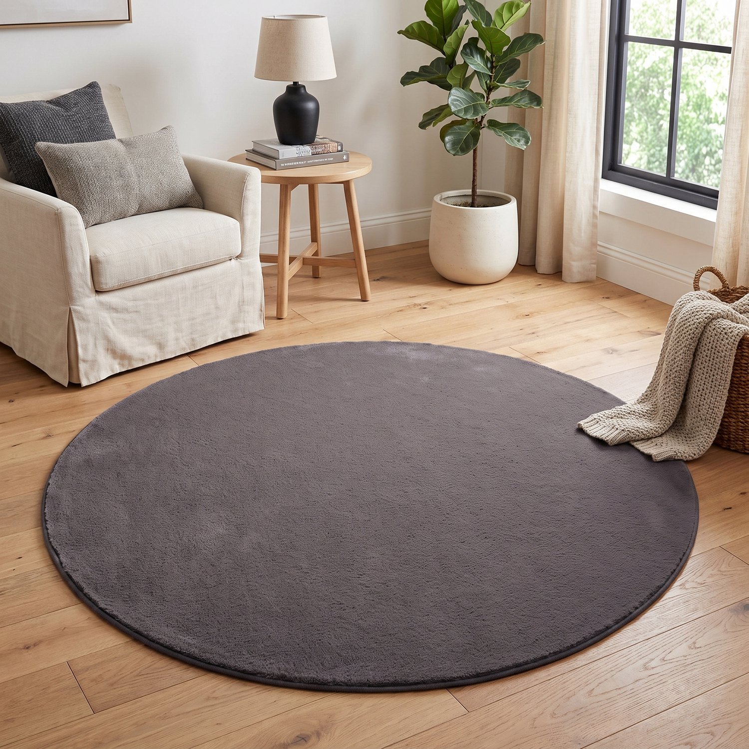 Tapiso Lumi Rond Vloerkleed Donkergrijs Zacht Antislip Wasbaar Slaapkamer Woonkamer Tapijt, foto 3