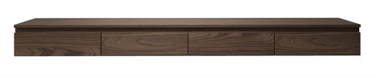 Meuble TV flottant aspect noyer avec quatre portes, isolé sur fond blanc.