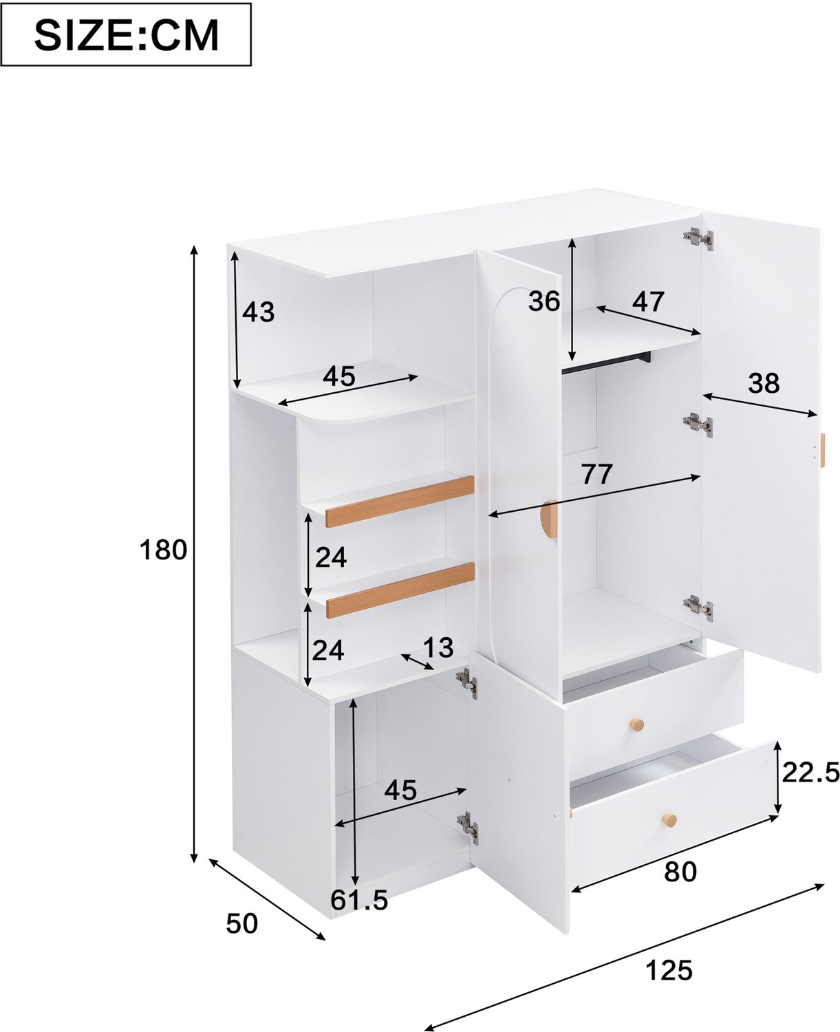 MODENUIT Kledingkast - Kledingroede En 2 Lades - Slaapkamer - MDF - Wit En Naturel - 125x50x180 Cm