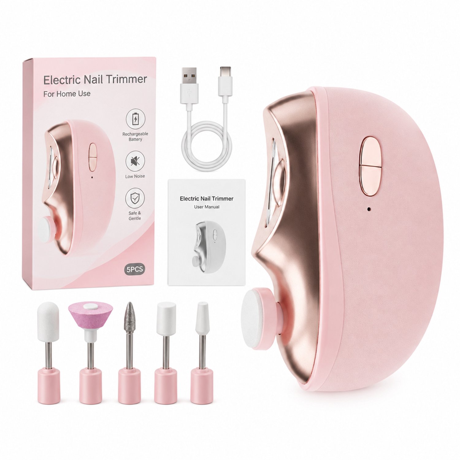elektrische nagelknipper - 5 slijpkoppen - roze verpakking in het Engels - voor thuisgebruik - in kleurendoos