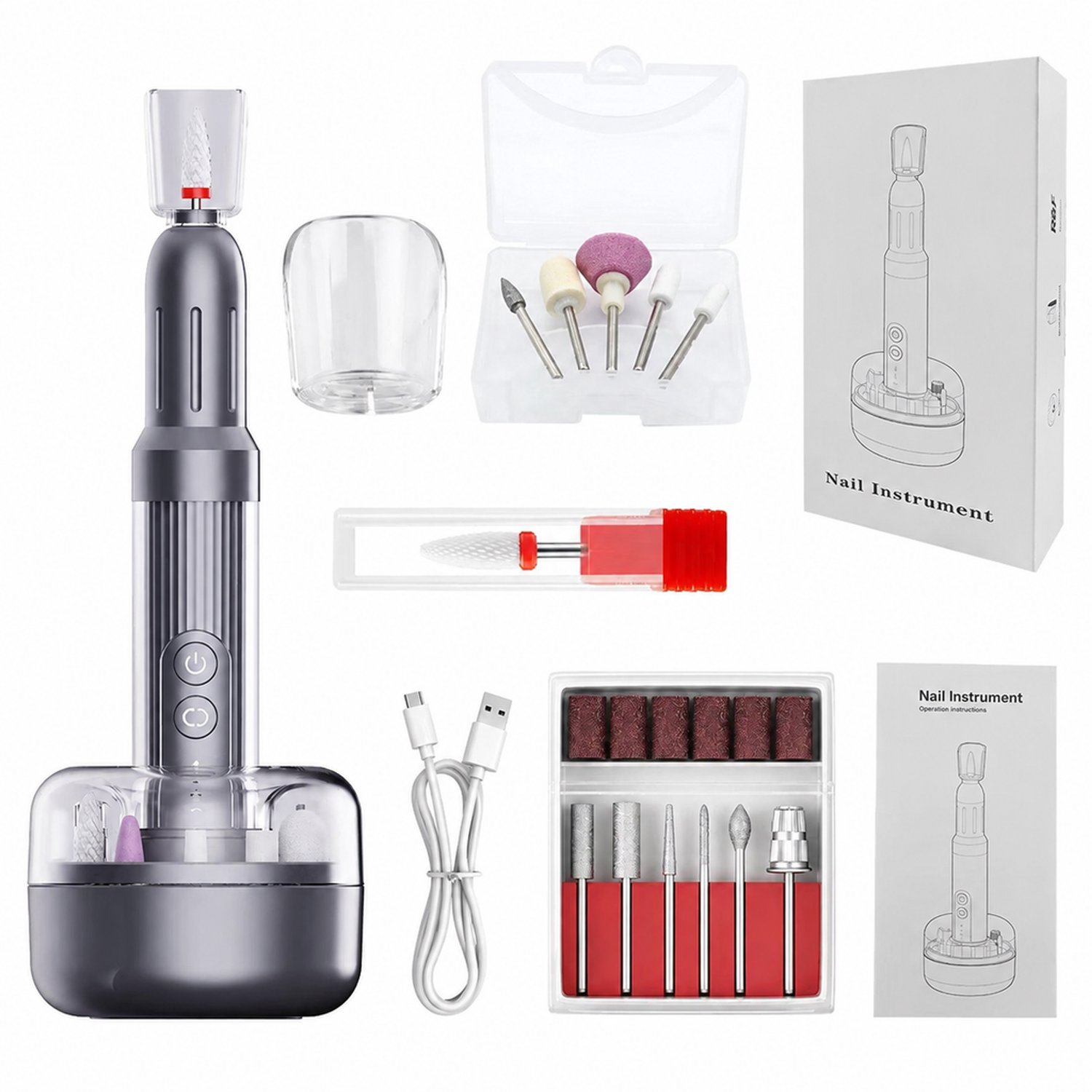 elektrische nageltrimmer - 12 freeskoppen en 6 schuurbanden - voor nagels vijlen en verwijderen - voor dagelijks thuisgebruik en commercieel gebruik - nagelfrees