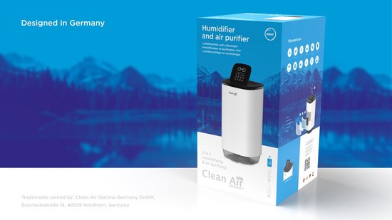 Verpakking van de 'Clean Air Optima' luchtreiniger en luchtbevochtiger.