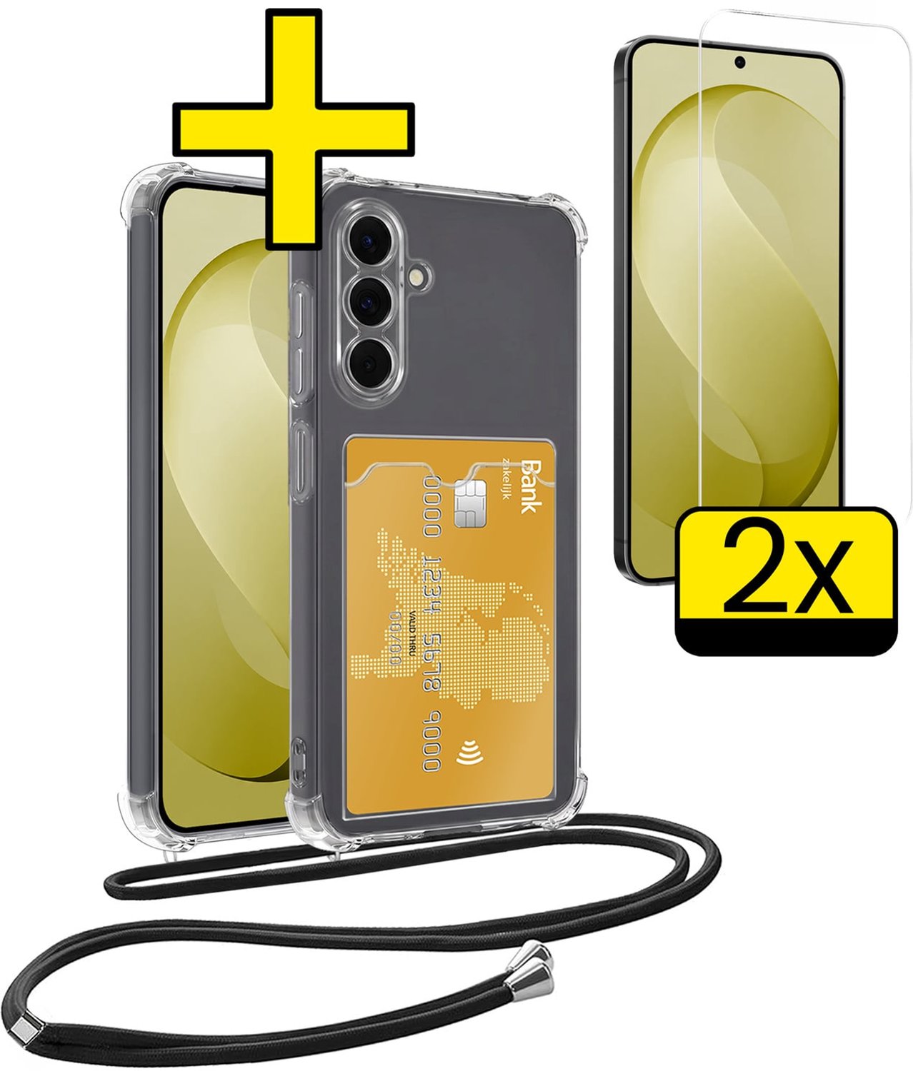 Hoesje Geschikt voor Samsung S26 FE Telefoonhoesje Met Koord Case Pashouder Met 2x Screenprotector Siliconen - Hoes Geschikt voor Samsung Galaxy S26 FE Hoesje Met Kaarthouder - Transparant
