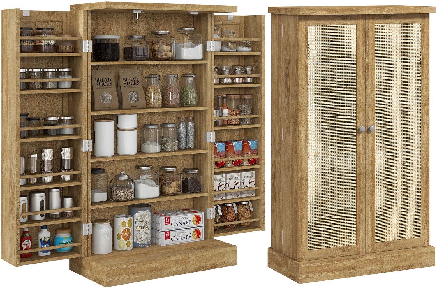 Keukendressoir- keukenopbergmeubel met 12 verstelbare planken- 60 x 30 x 104 cm- natuurlijke houtlook