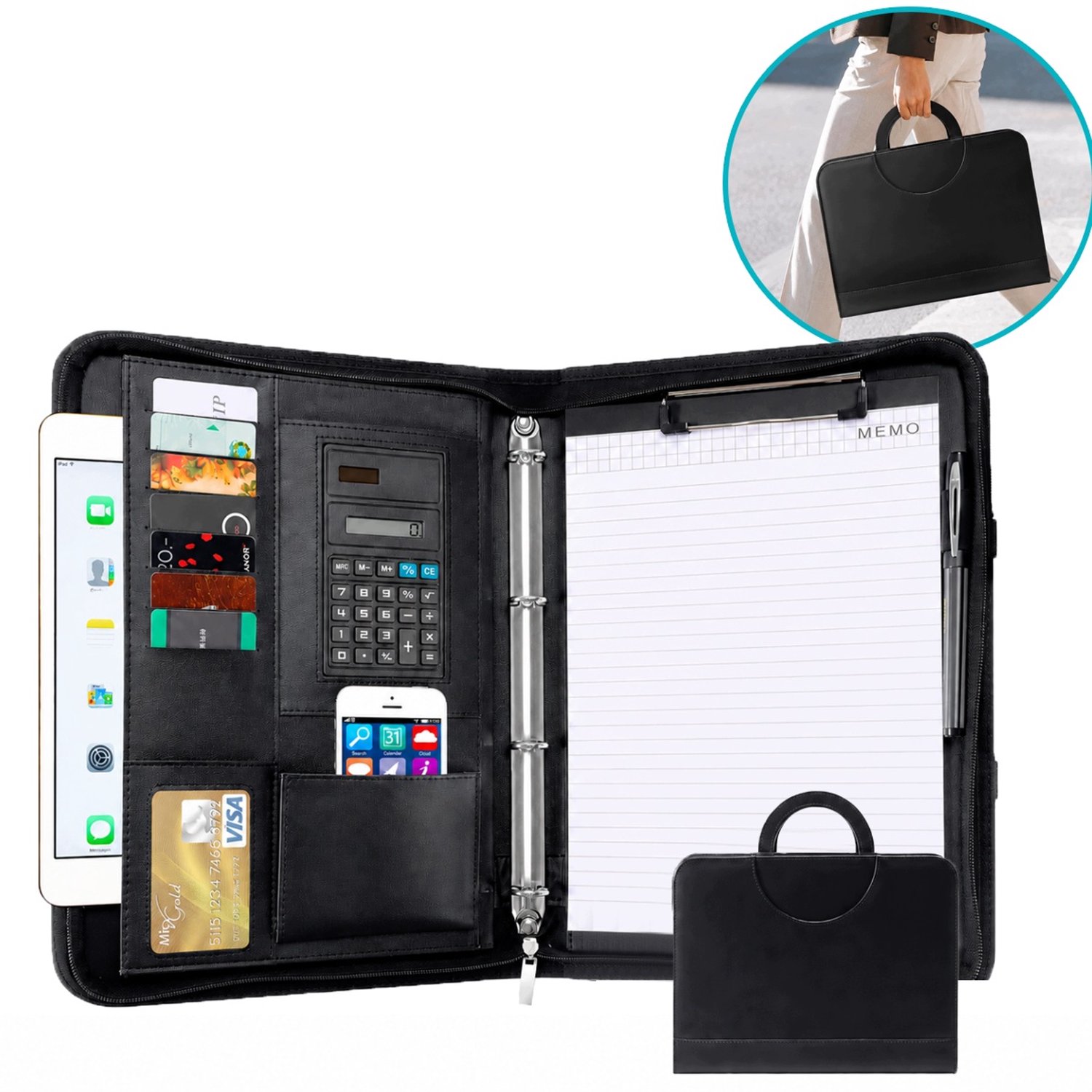 A4 PU Leder Aktetas met Rits, Organizer, Calculator & Notitieblok