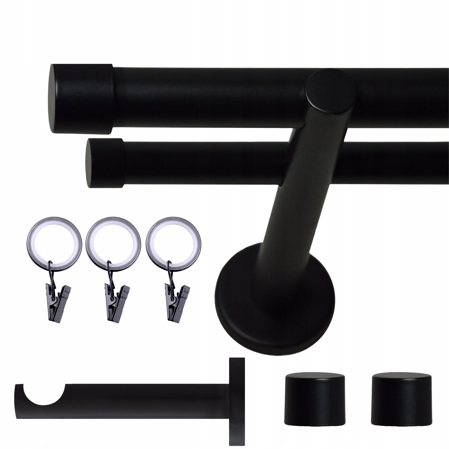 Dubbele Gordijnroede 220cm Mat Zwart/Wit - Stalen Loft Design