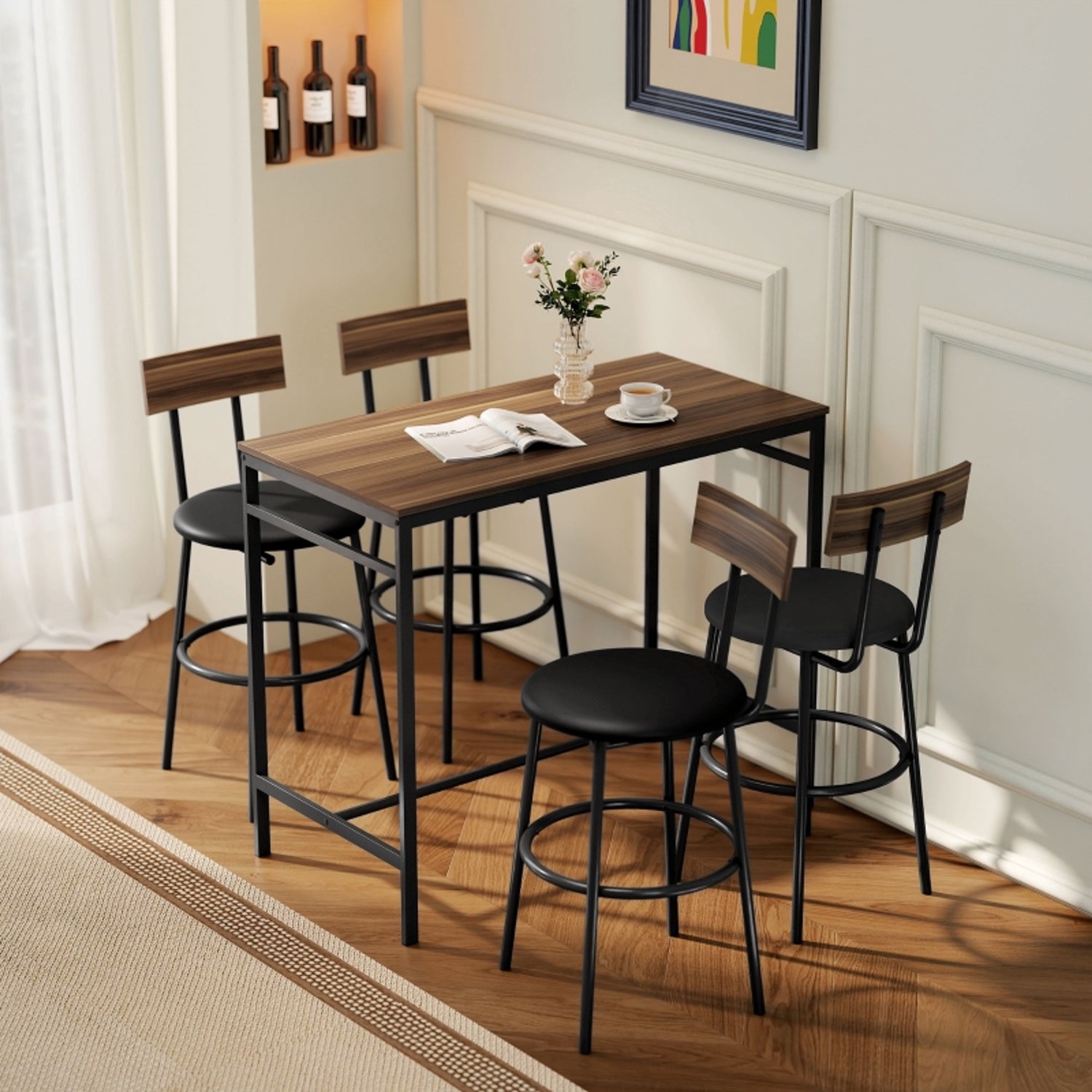 WUVRIE - Bartafelset 110x55x90 cm - 4 barkrukken met rugleuning - Bruin/zwart