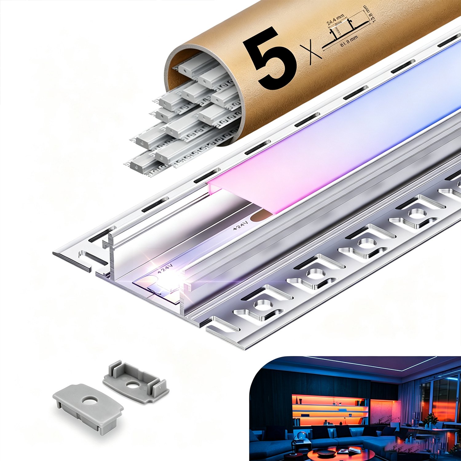 Riserva-LED Profiel-Natuurlijk Aluminium Profiel voor LED Strip-Met Acryl Diffuser-Bevestigingsaccessoires inbegrepen-2m 5 Stuks