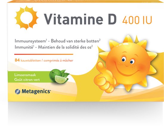 Vitamine D 400 IU, 84 limoensmaak kauwtabletten, met vrolijke zon-illustratie.