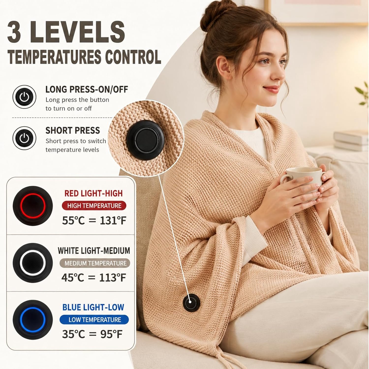 Elektrische Deken - 150× 80CM - Hoodie Deken - Plaids - Verwarmde Plaid - Warmtedeken - Dames Verwarmde Schoudermantel - Verwarmde deken - USB Verwarmd - 3 Standen - Winter Verwarmaccessoire - Voor kantoor, thuis, in de auto en op reis - Beige – foto 4