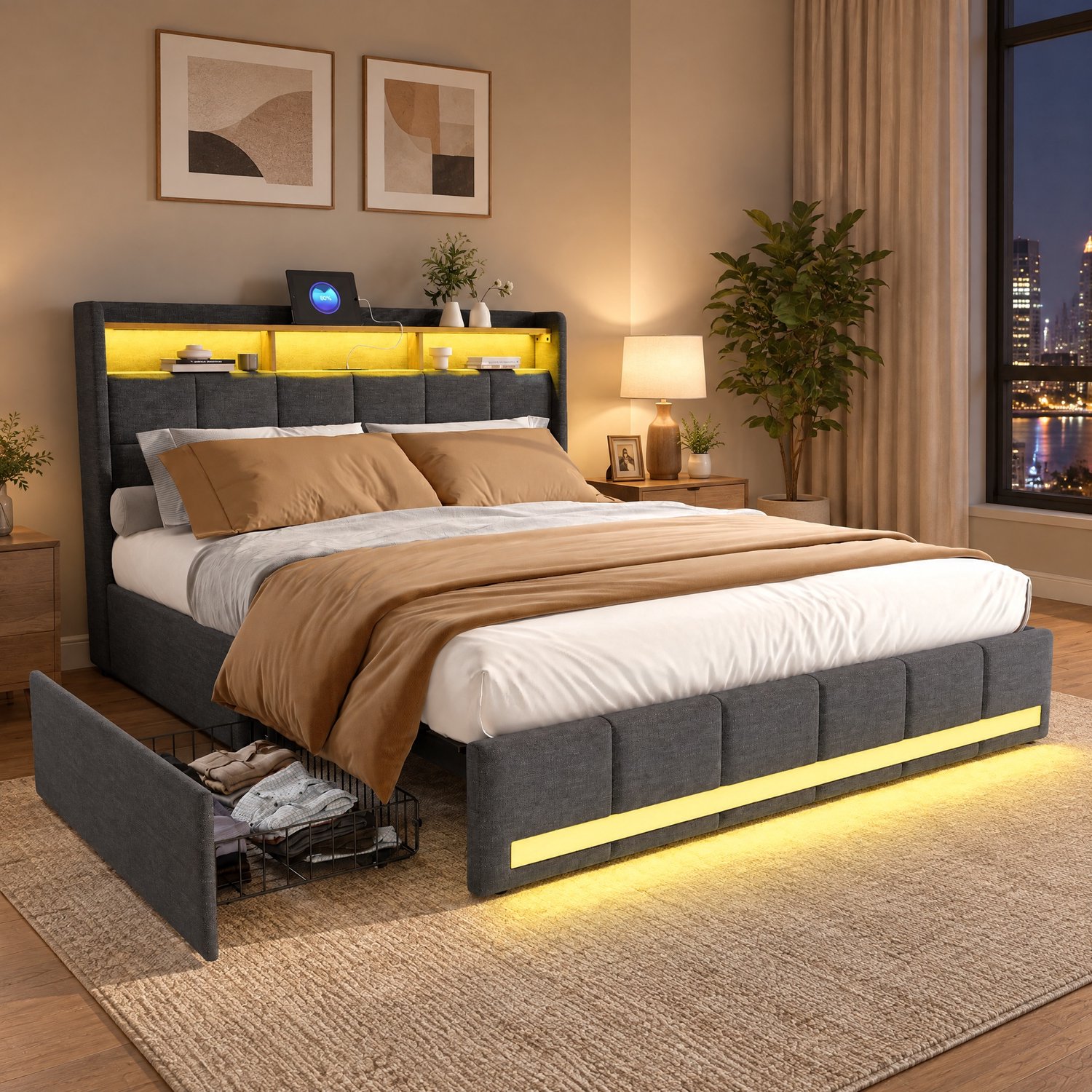 MEXUS Tweepersoonsbed 140x200 cm, LED-hoofdbord met opbergvak en 2 USB-poorten, bedframe met 4 lades en lattenbodem, bed voor tieners, Linnen Grijs