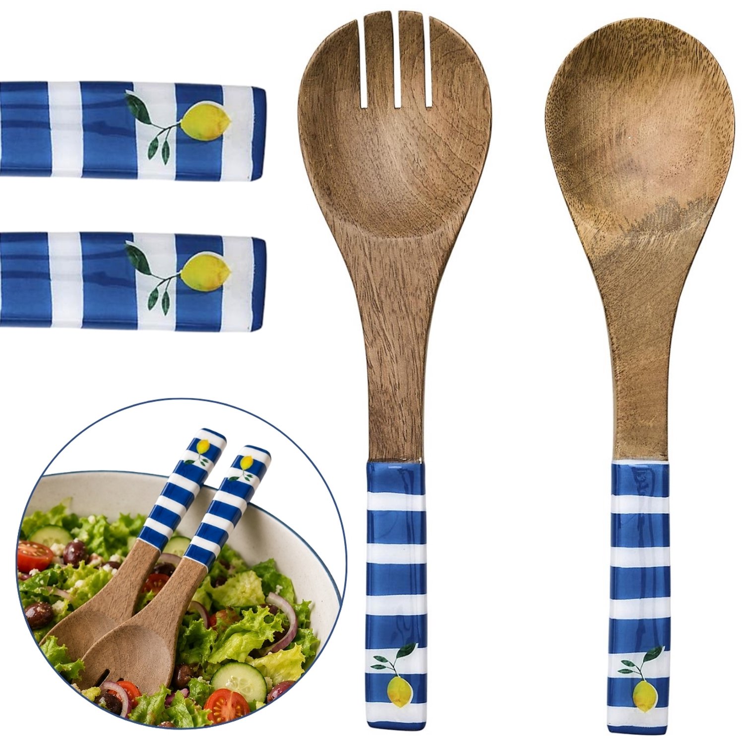 Set Saladebestek Mango Hout - 2 Delig - Gestreepte Handgrepen