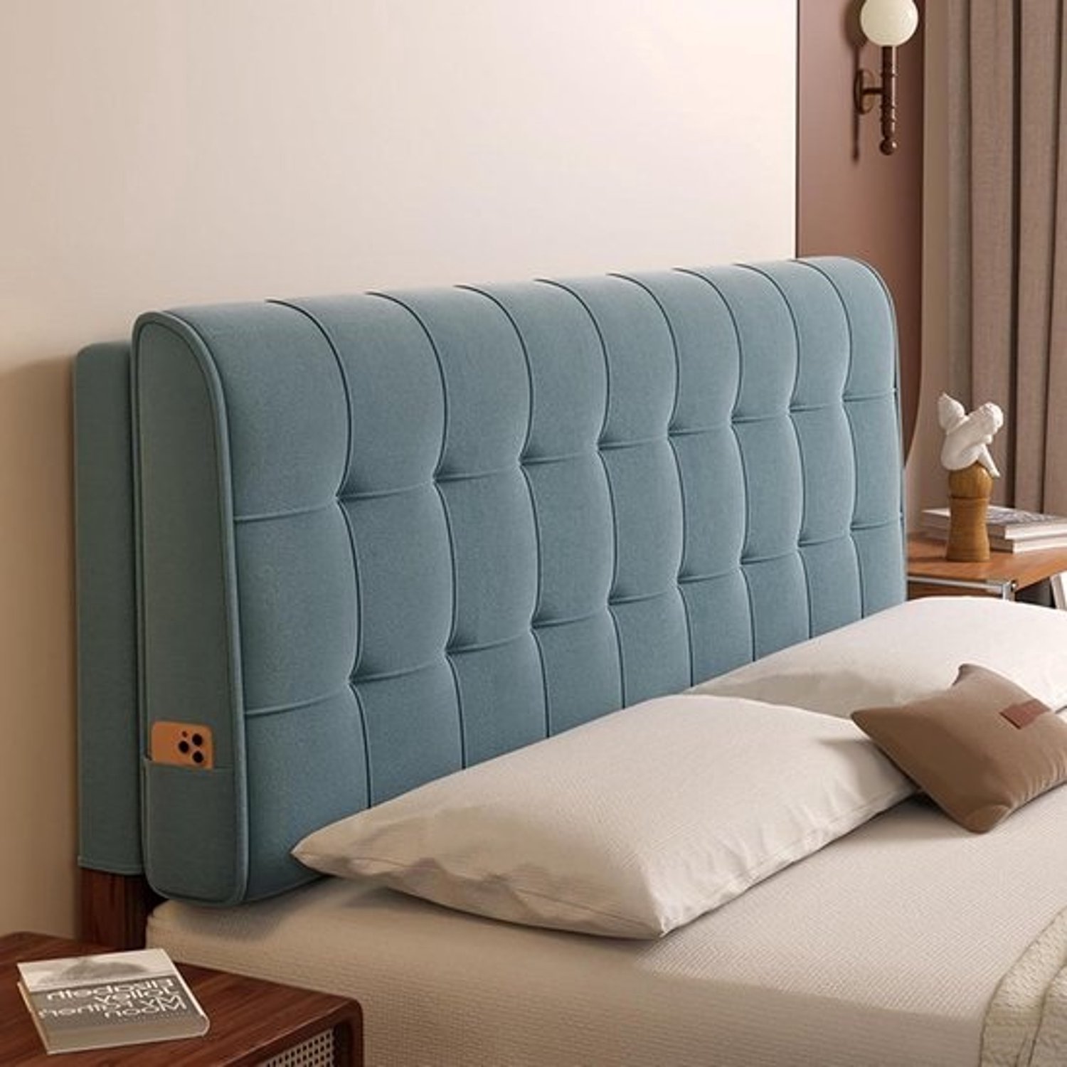Hoofdbordkussen - Gestoffeerd wandkussen - Comfortabel leunen - Zachte fleecehoes - 160 x 50 cm - Blauw