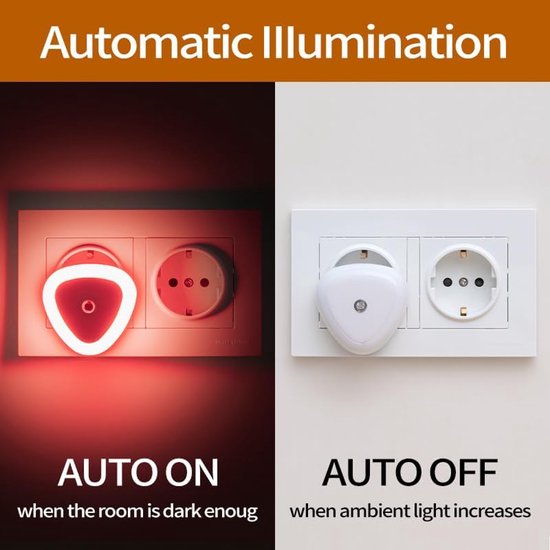 EU nachtlampje met schemersensor, automatisch aan/uit, rood LED licht, mini stekker nachtlamp voor slaapkamer, hal en keuken, 2 stuks [Energieklasse B] — afbeelding 5