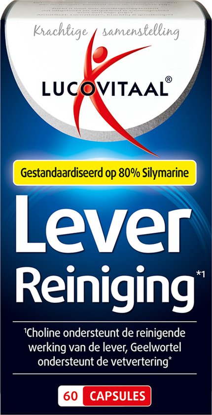 Lucovitaal Lever Reiniging capsules verpakking. Gestandaardiseerd op 80% Silymarine. Bevat 60 capsules.