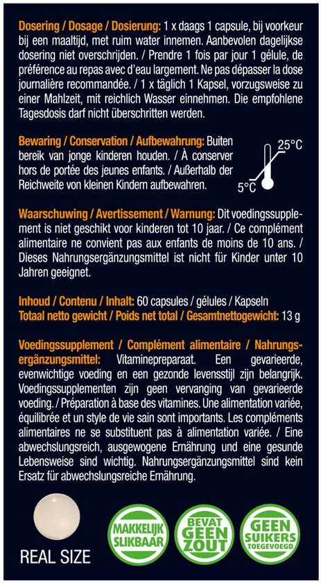 Verpakking met productinformatie: "25 mcg", "5°C", "Makkelijk slikbaar", "Bوات geen zout", "Groen suikers toegevoegd". Real size capsule.