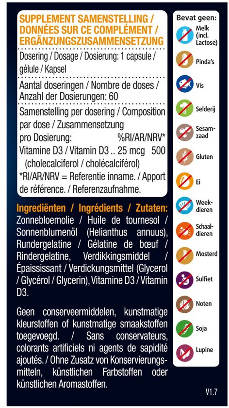 Verpakking met ingrediënten en voedingswaarden: "Vitamine D3 25 mcg", "Bevat geen Melk (incl. lactose), Pinda's, Vis, Selderij, Sesamzaad, Gluten, Ei, Weekdieren, Schaaldieren, Sulfiet, Noten, Soja, Lupine".